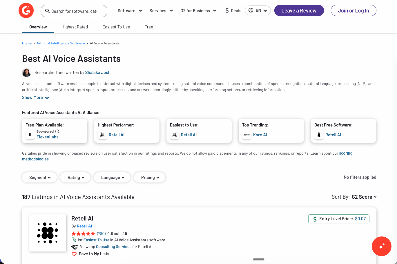 G2 marketplace search interface